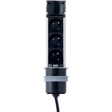Bloc 3 prises 2P+T escamotable + 2 USB câble 1.5 m 16 A 230 V finition noir - SYNERCIA (1/5)