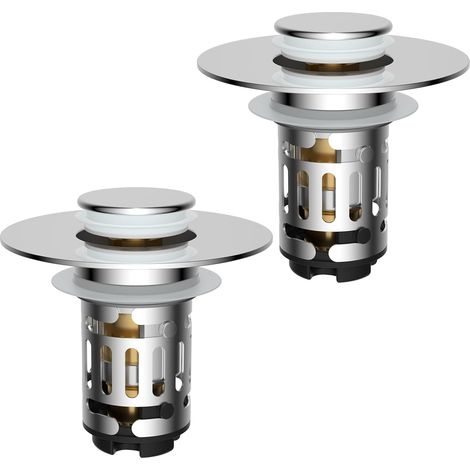 2PC- Bouchon Lavabo Salle de Bain avec Filtre de Drain,Bouchon Baignoire Universel à Noyau en Laiton à Pousser avec Filtre Amovible,Bonde Lavabo 25-46mm,Remplaçant de Bouchon de Vidage,Chrome (1/5)