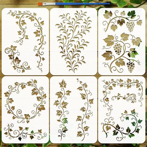 6 Pcs Pochoir Silhouette Vigne de Raisin avec Pinceau 29.7x21cm Pochoir Motif Raisin et Feuilles Pochoirs Décoratifs Vignes Feuilles Réutilisables pour Peinture sur Bois Mur DIY Art (1/5)