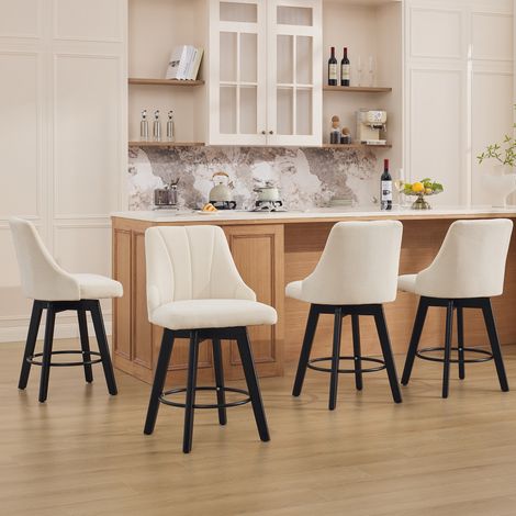 Lot de 2 tabourets de bar pivotants 360°, dossier et repose-pieds, style scandinave, chenille beige (1/5)