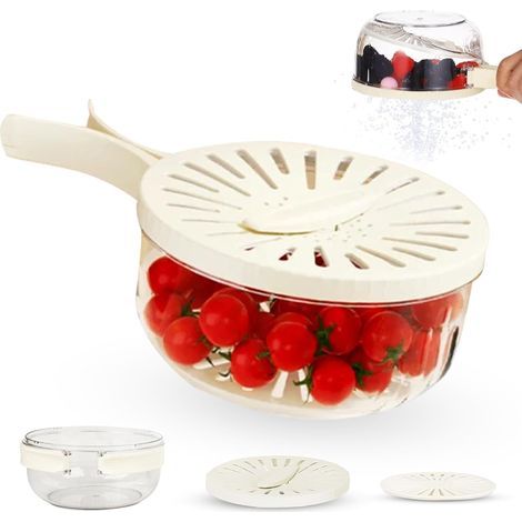 Bol multifonctionnel pour laver les fruits - avec filtre - avec couvercle et récipient filtrant - panier d'égouttage 2 en 1 - avec poignée pliable - récipient pour fruits rouges au réfrigérateur - évi (1/5)