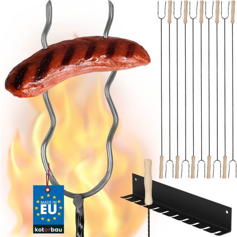Fourchettes à griller KOTARBAU® à double denture, idéales pour les grillades et les feux de camp, avec bâtonnets ondulés pour saucisses, 100 cm, lot de 10 + crochet. (1/5)