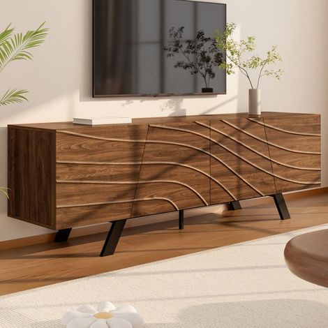 Meuble TV - Moderne - Façade ondulée - Aspect noyer - 160x39x50,5 cm (1/5)