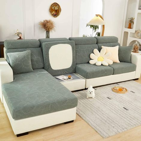 Universal wear-resistant L-shaped stretch sofa cover, non-slip, for chaise lounge (blue leaves, 2-seater) (1/5)