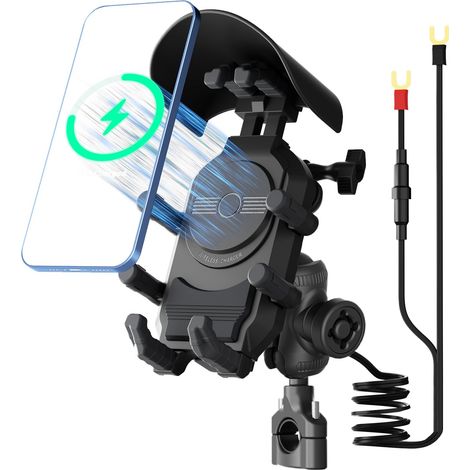 Supporto per telefono da moto con caricabatterie wireless da 15 W e caricabatterie rapido USB PD/USB-C Supporto per telefono da moto anti-vibrazione e antifurto con visiera parasole per moto