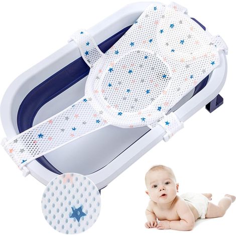 Hamac de Bain pour Bébé, Tapis de bain pour bébé,Anti-dérapant Support de Sièges de bain Réglable, Coussin de Baignoire en Tissu à double maille Tout-Petits Accessoires AntidéRapant (Blanc) (1/5)