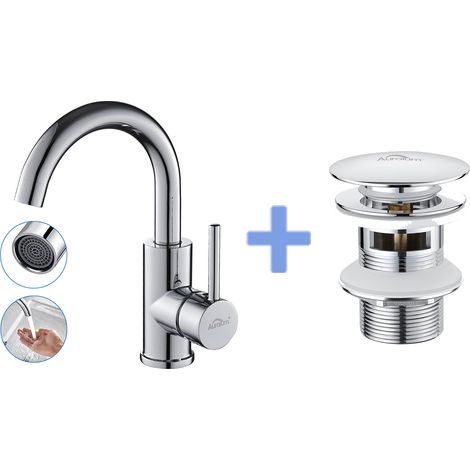AURALUM Robinet Lavabo Salle de Bain Bec Haut Chromé Brillant Rotatif 360°+Bonde de Lavabo Bonde Pop-up avec Trop-plein Automatique Universelle (1/5)
