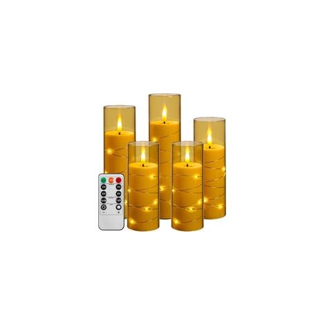 Bougie LED avec guirlande lumineuse, bougie à piles avec télécommande et minuterie de 24 heures, bougie sans flamme pour la décoration intérieure (Doré, lot de 5) (1/5)