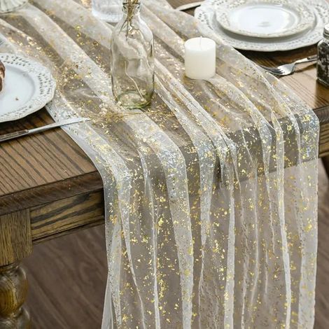 Artoid Mode Gaze Tulle Beige Doré, lot de 3 chemins de table 70x300 cm. Feuille d’or, décoration pour - Beige/Doré 70 x 300 cm, 3pcs (1/5)