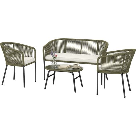 Ensemble de mobilier de jardin 4 pièces : canapé 2 places, 2 fauteuils et table basse avec plateau en verre trempé et nappes rondes en polypropylène tissé couleur crème.