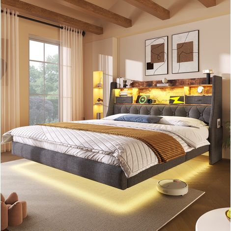 Lit rembourré 140x190 cm gris en lin avec LED, tête de lit rangement et ports USB/Type-C (1/5)