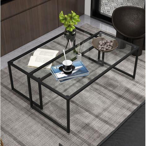 Set de 2 mesas de centro de vidrio templado y acero negro DESVIAE (1/5)