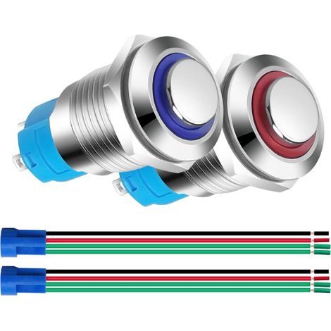 2pcs 12mm Momentané Bouton Poussoir en Acier Inoxydable 12V-24V 3A Normalement Ouvert SPST on Off Bouton Étanche avec Fiche à Douille Bleue+Rouge Tête Haute (1/5)