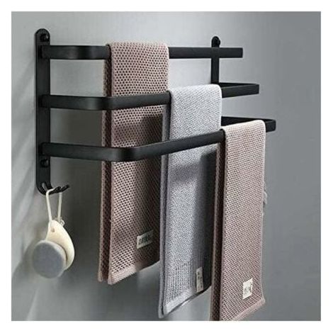 Porte‑serviettes mural 3 niveaux 60 cm noir – aluminium, sans perçage ou à percer, gain de place (1/5)