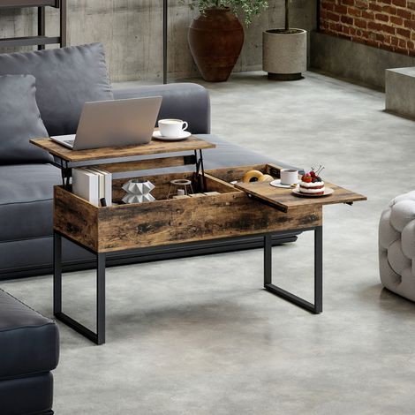 Table basse 100x45x67 cm brun à relevable avec plan de travail coulissant à fermeture douce, espace de rangement caché, rustique