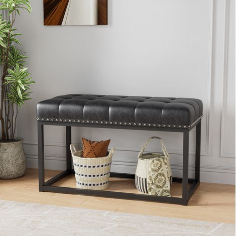 Banco tapizado industrial negro metal y madera OKMYHOME (1/5)