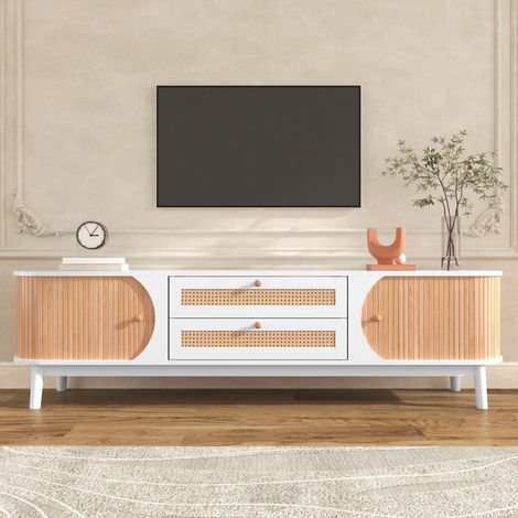 Meuble TV 170 cm, avec portes coulissantes et tiroirs en rotin meuble de rangement de salon, en bois MDF et rotin tressé style bohème scandinave, Blanc (1/5)