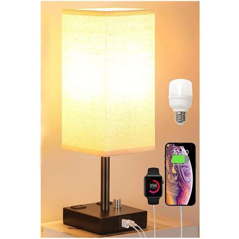 Lampe de Chevet Tactile avec Ports de Charge USBx2, Intensité Variable à 3 Voies, Abat-jour en Tissu Base de art du fer, Lampe de Table pour Salon Chambre Hôtel(Ampoule Incluse) [Classe énergéti (1/4)