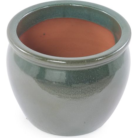 Set di 3 vasi in ceramica artigianali blu verde antico con smalto puntinato, Ø 37/30/23 cm (1/5)