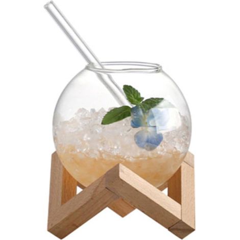 Verre à cocktail sphérique - 1 unité - Verre transparent avec paille et support bois - Design moderne pour boissons - Idéal fêtes et maison - Taille unique (1/5)