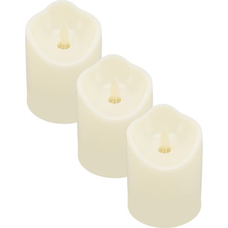 Juego de 3 velas LED de luz blanca cálida con efecto parpadeante, funcionan con pilas, no tienen llama, están hechas de plástico, ideales para fiestas y celebraciones. (1/5)