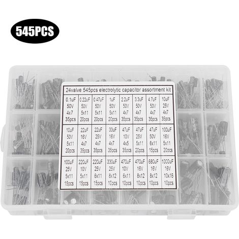 Kit d'assortiment de 545 condensateurs électrolytiques en aluminium (24 modèles, 0,1 µF à 1000 µF) avec boîte de rangement (1/5)