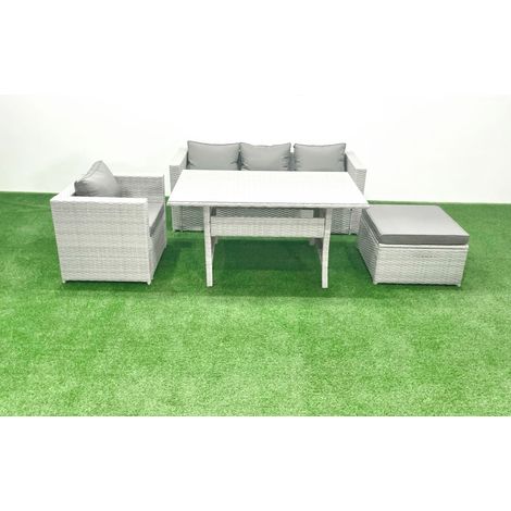 Fimous Garden Dining Set Outdoor Rattan Furniture Set with Sofa Dining Table Big Footstool Light Grey Mixed