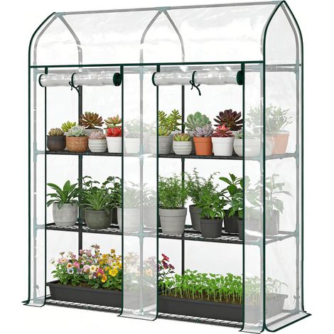 Kleines Balkongewächshaus mit 3 Regalböden, transparenter PVC-Abdeckung, Stahlrahmen, 143 x 46 x 165 cm
