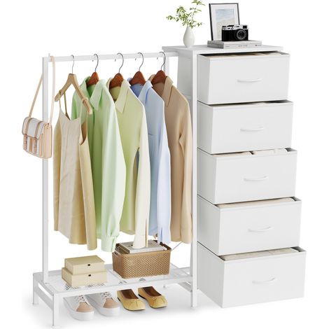 Commode Chambre, Portant à Vêtements avec 5 Tiroirs, Meuble de Rangement, Tringle, Étagère Chaussure, 96,2 x 30 x 117,7 cm, pour Chambre, Entrée, Blanc Nuage, LGS423W101 (1/5)