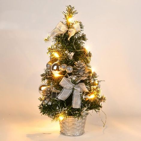 Mini albero di Natale, 40 cm, con 30 luci LED, luce da tavolo, a batteria, piccolo albero di Natale a LED per casa, ufficio, decorazione per feste di Natale (argento) (1/4)