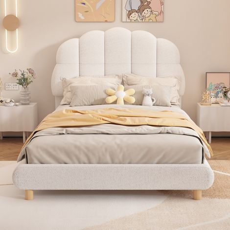 Redom – Lit plat 90x200 cm – Tête de lit en peluche blanche – Design moderne et simple – Montage facile – Capacité de charge 180 kg (1/5)
