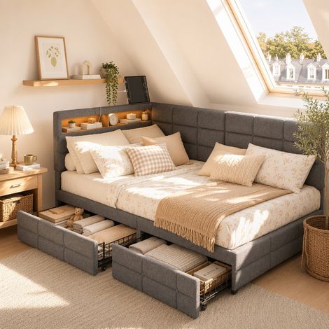 Canapé-lit 90x200cm avec sommier, Lit simple en tissu lin gris avec LED et USB, Lit banquette avec 2 tiroirs, idéal studio, loft et petite chambre