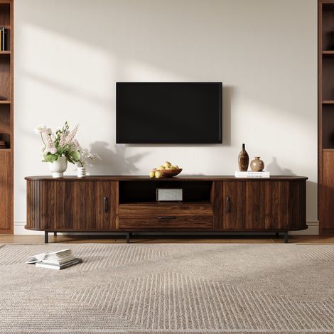 Mobile porta TV in MDF di noce, 180x40x50 cm, mobile basso moderno con ante scorrevoli, cassetto e ripiani a giorno, design retrò (1/5)