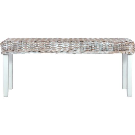 Banc 110 cm Blanc Rotin naturel kubu et bois d'acajou massif