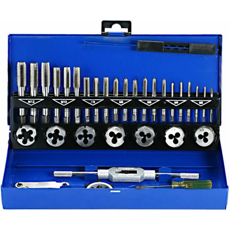 Coffret tarauds et filières 32 PCS HSS Jeu de tarauds et matrices Clés métriques coupées M3-M12 Outil de filetage à la main Taraud en carbure de tungstène Matrice de filetage à vis Outil de fabricatio (1/4)