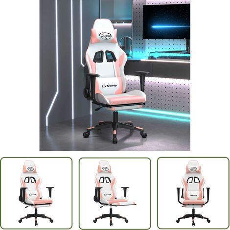 The Living Store Gaming-Stuhl mit Massage & Fußstütze Weiß & Rosa Kunstleder - Gaming-Stuhl - Gamer Chair - Bürostuhl - Ergonomischer Stuhl - Massagesessel (1/5)