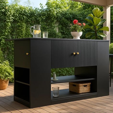 URBAN MEUBLE Tables d'extérieur îlot de cuisine noir extensible avec plateau pliant et motif ondulé (1/5)