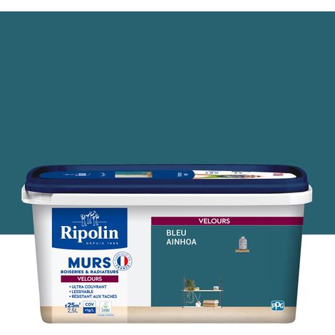 Ripolin – Peinture murale aspect velours 2,5L bleu Ainhoa – Ultra couvrante pour murs et boiseries – Résistance aux tâches et à l'usure (1/5)