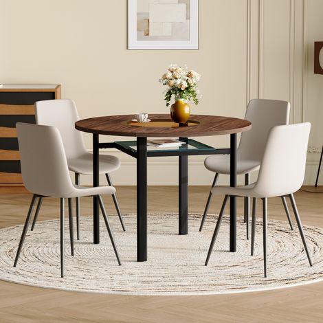 Lot de 5 table ronde et 4 chaises, plateau MDF effet bois brun Ø100 cm, verre, piétement métal noir, assises en cuir régénéré gris chaud FLORAGRACE (1/5)