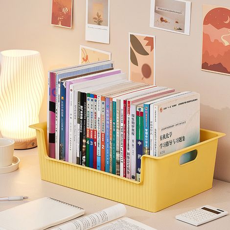 Boîte de rangement pour livres en plastique, avec système de poulie, facile à transporter, grande capacité, bacs de rangement pour la classe, sacs à livres, jaune (1/5)