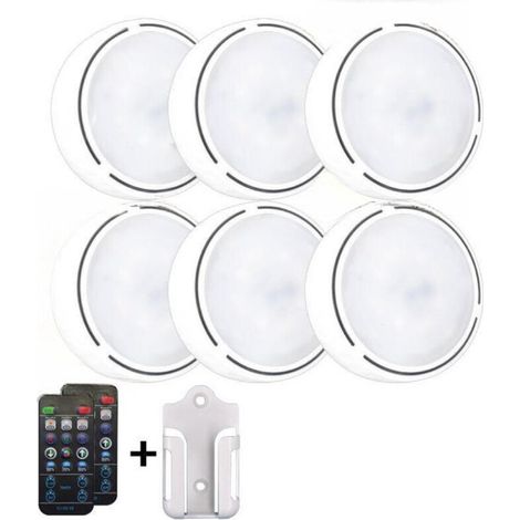Rondelles lumineuses avec télécommande, éclairage sans fil à piles sous les meubles, à coller sur le robinet pour cuisine, étagère, lot de 6 – Blanc