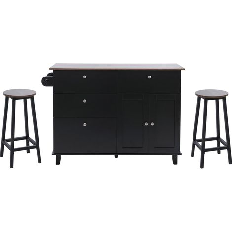 [NON UTILIZZATO] Isola cucina HHG-692 con 2 sgabelli, credenza con cassetti e scomparti MDF 90x131x47 cm, nero, legno scuro