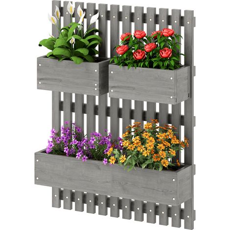 Jardinière murale potager 3 bacs bois massif amovibles, tissu non tissé, gris 60x16x80 cm