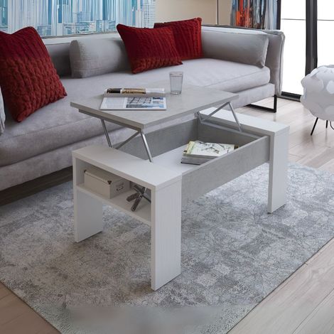 Table de rangement avec plateau relevable en béton et blanc - Sasty (1/4)