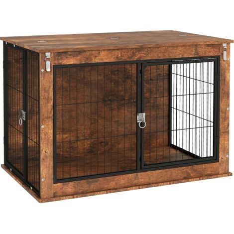 Rustic Brown Dog Crate Furniture with Openable Top and Dual Doors for Large Breeds (1/5)