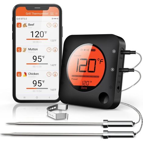 Thermomètre à viande sans fil Bluetooth, thermomètre à viande numérique LCD avec double sonde, thermomètre sans fil à distance pour barbecue, fumoir, cuisine, grill, four