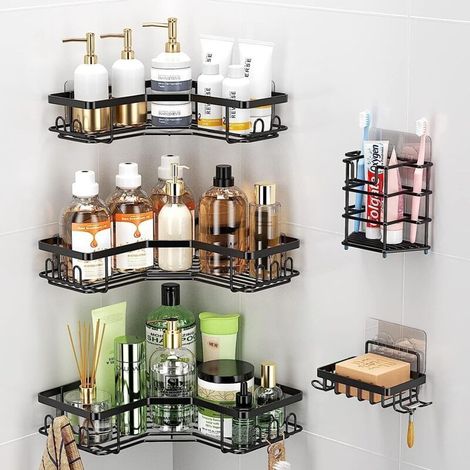 Etagère Douche, Etagere Salle de Bain Angle 3 PCS, Etagere sans Percage Acier Inoxy avec1porte-dentifrice 8 Crochets et 8 Adhésifs Rangement Douche Noir