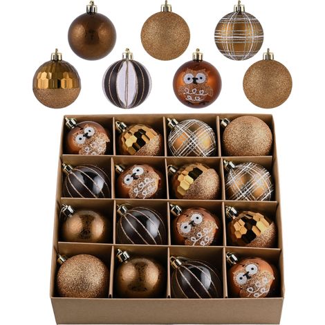 Boule de Noel pour Decoration Noel,16pcs 6cm Boules de Noel Marron pour Deco Sapin de Noel,Personnalisée,Incassable,Vintage,Motif Animaux,Cadeau NoelMarron (1/5)