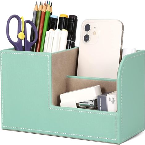 Organiseur de bureau en cuir PU, porte-stylo compact, vert menthe (1/5)