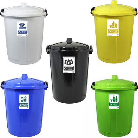 Set 5 bidoni grandi 50lt per la raccolta differenziata etichetta carta plastica vetro metallo e misto contenitori con coperchio e chiusura antiodori randagismo per casa cucina giardino locali commerci (1/5)